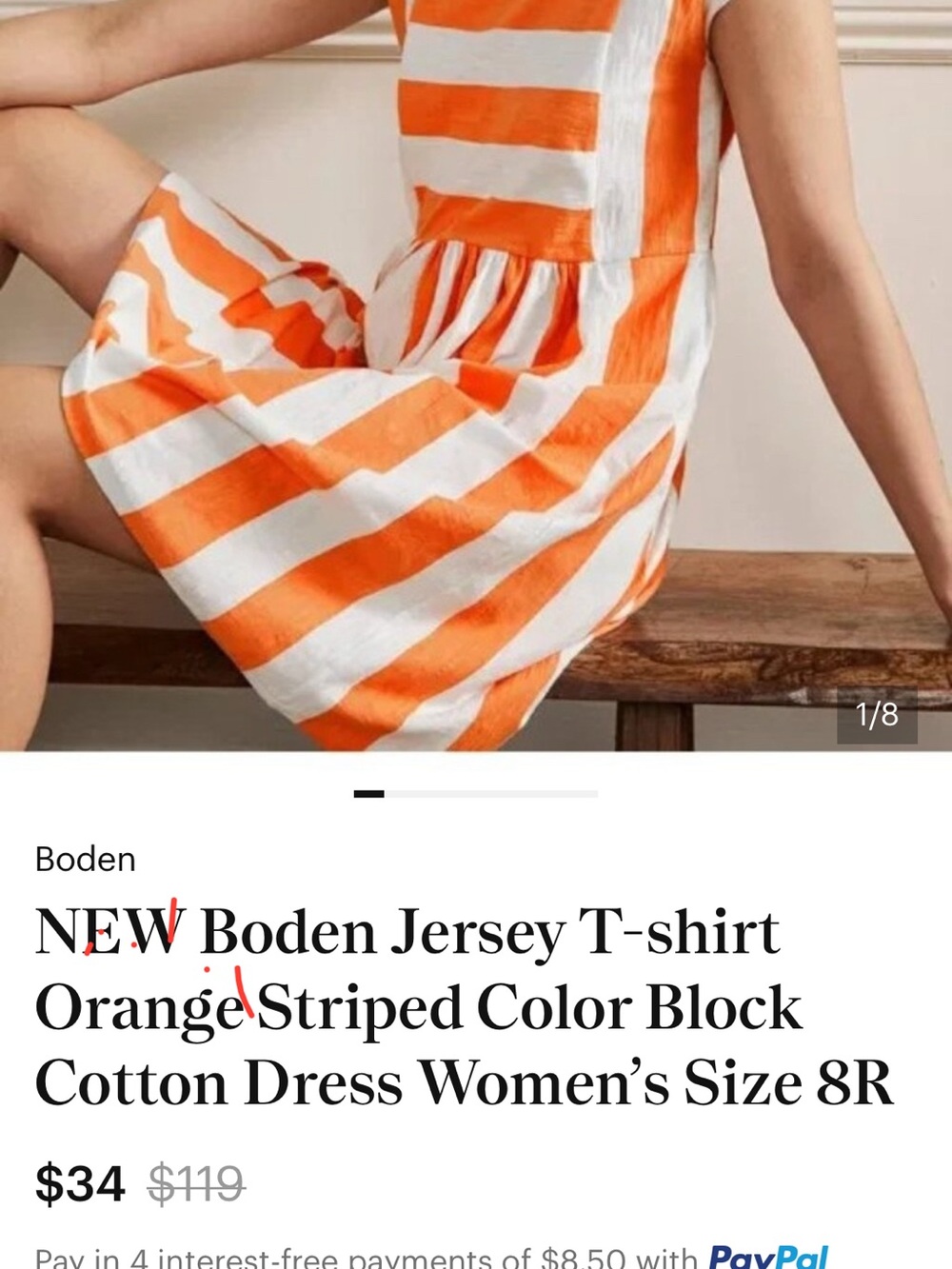 Boden Orange and White Striped Short-Sleeve Dress 8r new color block jersey - Picture 6 of 6